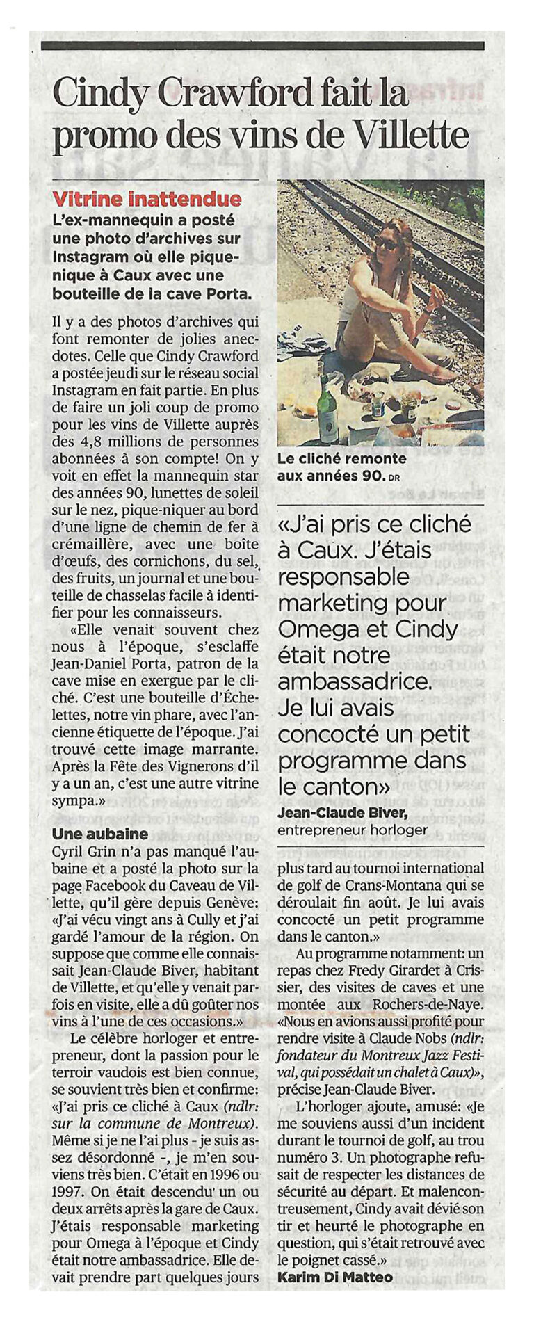 Cindy Crawford fait la promo des vins de Villette — 24Heures — 27-28 juin 2020