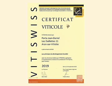 Certificat viticole 2019 — VITISWISS — Fédération suisse pour le développement d'une vitiviniculture durable, Domaine Porta