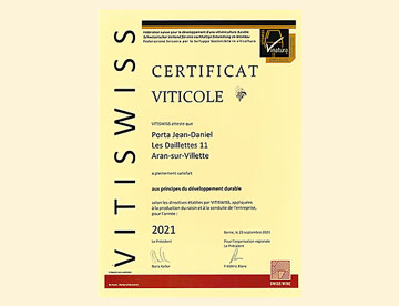 Certificat viticole 2021 — VITISWISS — Fédération suisse pour le développement d'une vitiviniculture durable, Domaine Porta