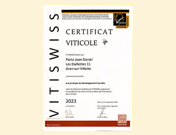 Certificat viticole 2023 — VITISWISS — Fédération suisse pour le développement d'une vitiviniculture durable, Domaine Porta