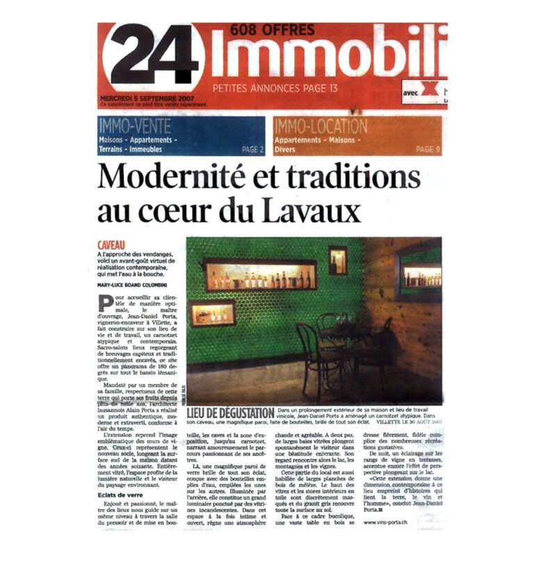 Modernité et traditions au cœur du Lavaux — 24 Immobilier (24Heures) — 5 septembre 2007