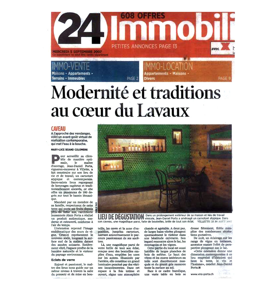 Modernité et traditions au cœur du Lavaux — 24 Immobilier (24Heures) — 5 septembre 2007